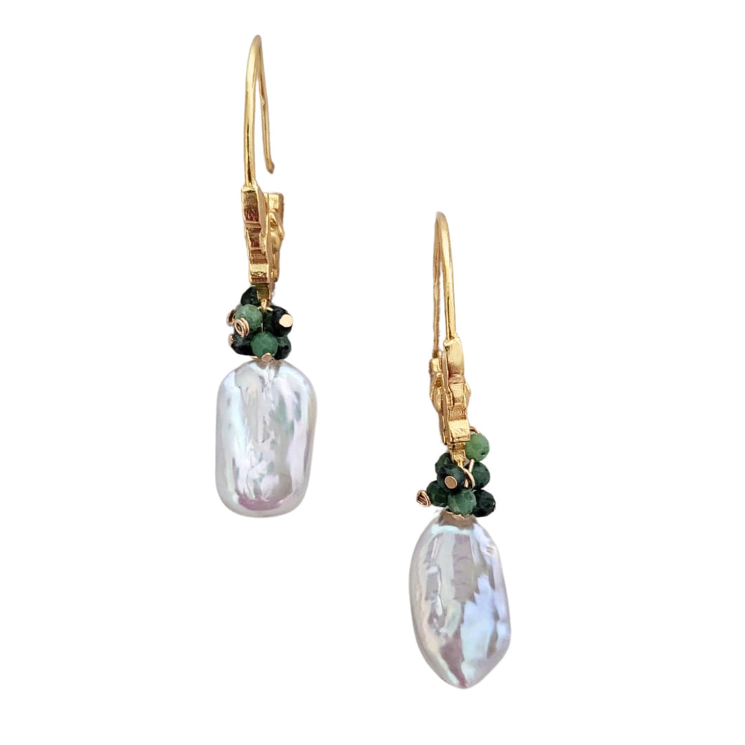 Ivory Keishi Pearl & Green Ruby Zoisite Ear Hooks